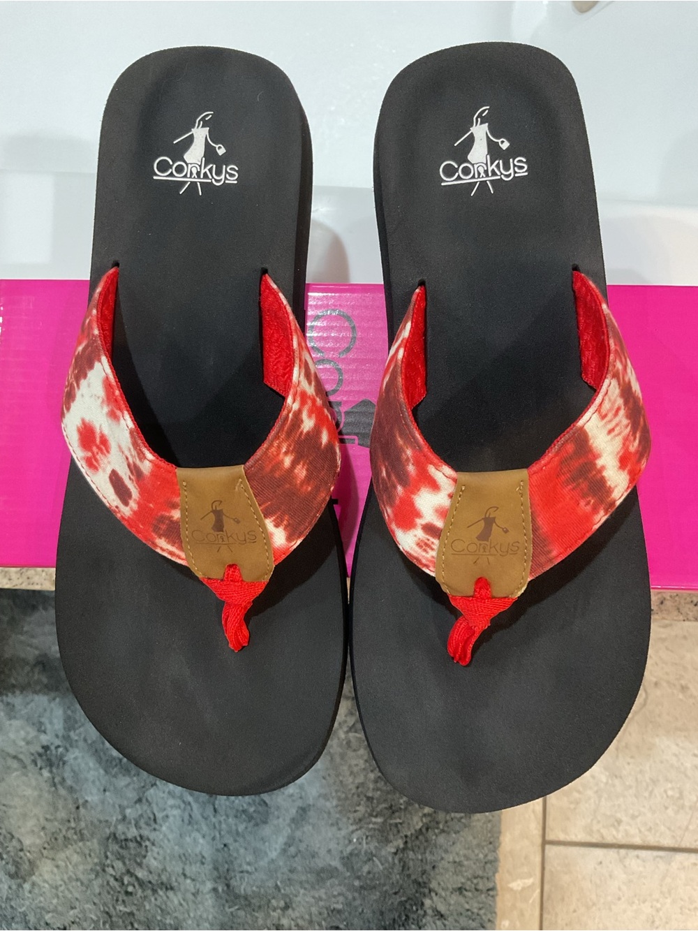 Corkys Black Flip Flops with Red Tie-Dye Straps
